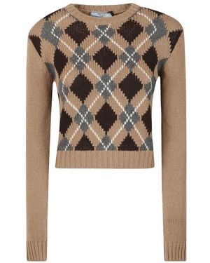 Prada Truien & Vesten ,Veelkleurig ,Kasjmier Diamond Pattern Crewneck Sweater - Bruin