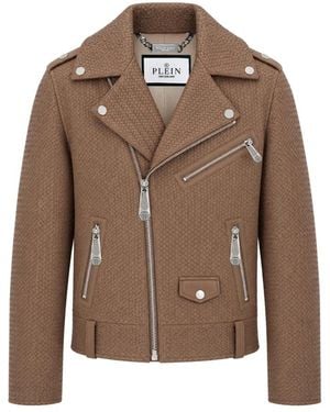 Philipp Plein Gewebte Leder Bikerjacke - Braun