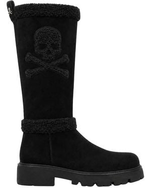 Philipp Plein Schoenen ,Zwart ,Leer Boots Mid Flat Skull