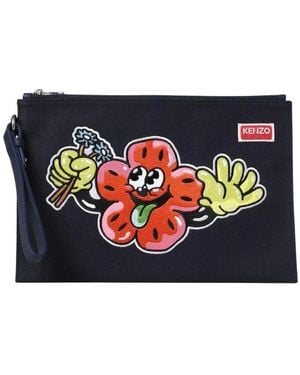 KENZO Blumen Canvas Clutch Tasche - Blau