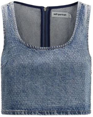 Self-Portrait Rhinestone Denim Crop Top - Blau