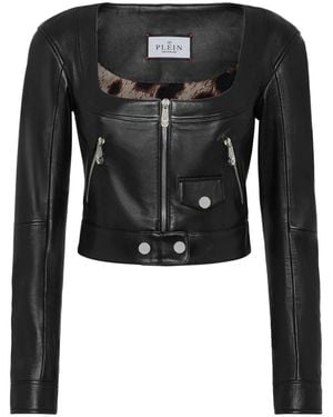 Philipp Plein Vintage Leder Cropped Jacke - Schwarz