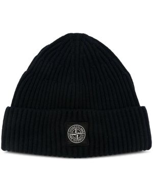 Stone Island Mütze Aus Rws-Wolle Mit Vollrippstrick - Schwarz