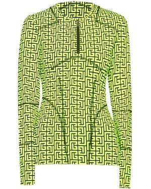 Balmain Magliette sportiva a maniche lunghe con zip e monogramma - Verde