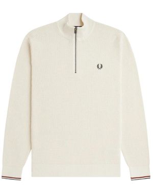 Fred Perry Waffelstich Pullover Mit Halbem Reißverschluss - Weiß