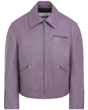 Jil Sander Lila Lederjacke Mit Reißverschlusstaschen