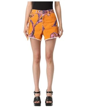 Versace Jeans Couture Bedruckte Denim Mini Shorts Mit Schnalle - Orange