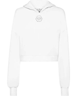 Philipp Plein Hoodies & Sweatvesten ,Wit ,Katoen Cropped Hoodie Sweatshirt Crystal Hexagon