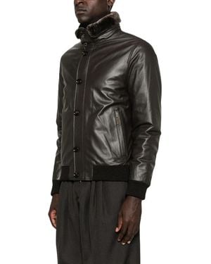 Moorer Dunkelbraune Lederjacke Mit Kunstpelzkragen - Schwarz