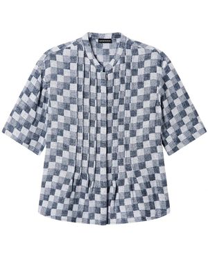 Emporio Armani Overhemden ,Grijs ,Polyester Check Linen Gauze Shirt - Blauw