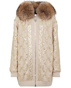 Philipp Plein Wool & Foil Lurex Zip Cardigan - Naturel