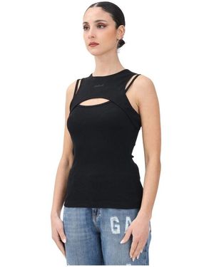 Gaelle Paris Schwarzes Geripptes Tanktop Mit Cut-Out-Detail - Blau