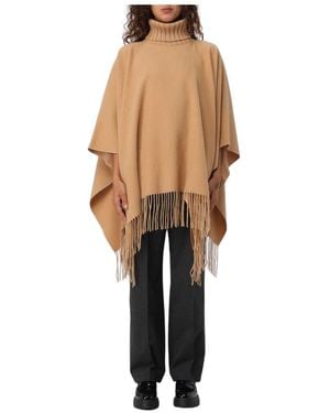 Fabiana Filippi Stijlvolle Franje Trim Gebreide Poncho - Bruin