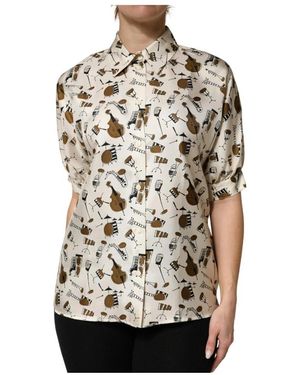 Dolce & Gabbana Print Silk Polo Top - White