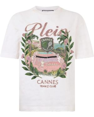 Philipp Plein Tops ,Wit ,Washed Fit T-Shirt Cannes Tennis Club
