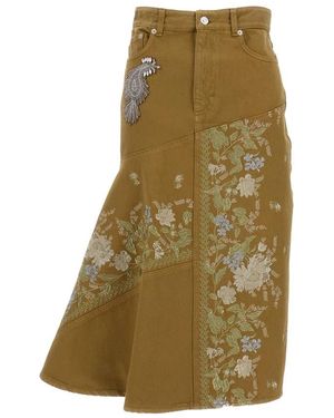 Erdem Denim Geborduurde Midi Rok - Groen