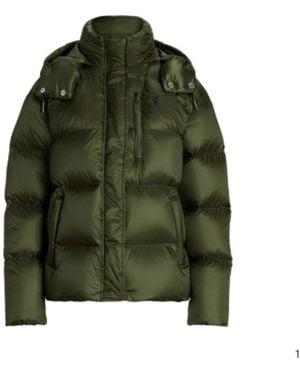 Polo Ralph Lauren Carly Water-Repellent Quilted Duck Down Wind Resistant Detachable Hood Short Puffer Jacket - Green