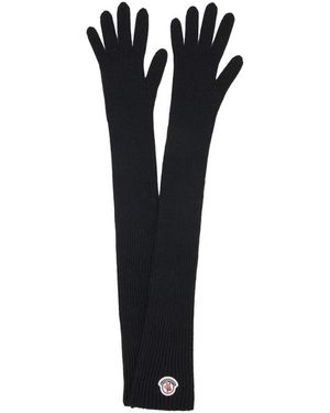 Moncler Accessoires ,Zwart ,Wol Logo Patch Virgin Wool Long Gloves