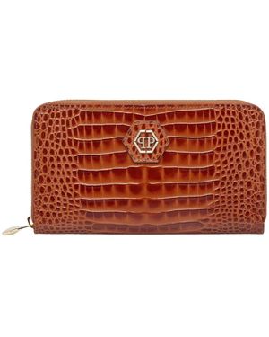 Philipp Plein Accessoires ,Bruin ,Leer Rounded Zip Wallet Cocco Shiny - Rood