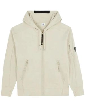 C.P. Company Hoodies & Sweatvesten ,Katoen Diagonal Raised Fleece Lens Zip Hoodie - Wit
