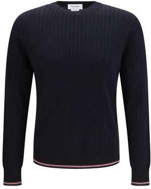 Thom Browne Truien & Vesten ,Blauw ,Katoen Crewneck Katoenen Gebreide Trui Met 4-Strepen Detail