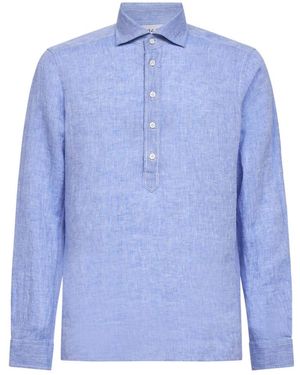 D4.0 Overhemden ,Blauw ,Linnen Overhemd Met Halve Knoopsluiting