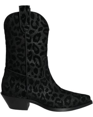 Dolce & Gabbana Gaucho Boots In Color-changing Leopard Fabric - Black