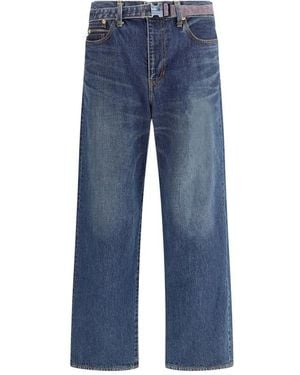 Sacai Weite Bein Denim Hose Mit Gürtel - Blau