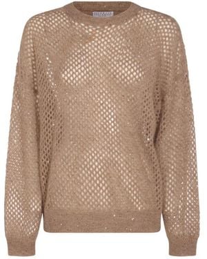 Brunello Cucinelli Paillettenbesatz Gerippter Rundhalsausschnitt Pullover - Braun