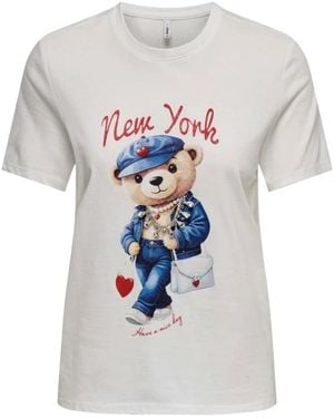 ONLY Tops ,Wit ,Katoen Katoenen T-Shirt Met Print, Ronde Hals En Korte Mouwen