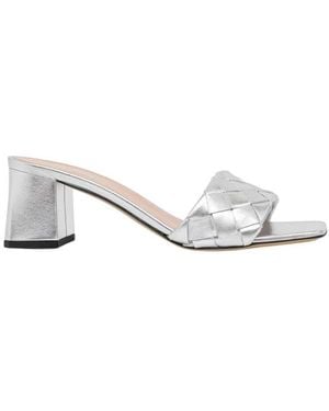 Pollini Schoenen ,Grijs ,Leer Sandalen Met Geweven Band En Blokhak - Metallic