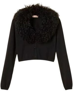 Twinset Cropped Cardigan Mit Kunstpelz - Schwarz