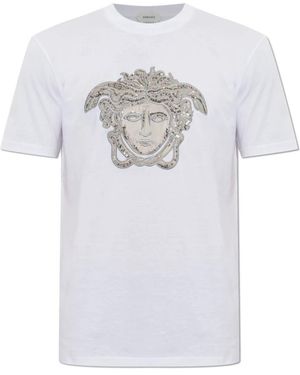 Versace Tops ,Wit ,Katoen Katoenen T-Shirt Met Glinsterende Kristallen
