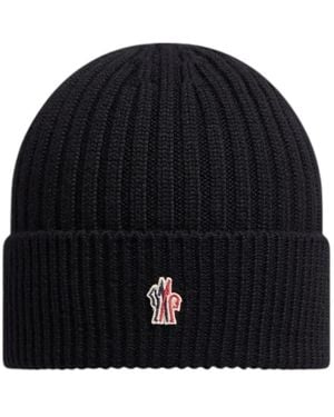 Moncler Accessoires ,Zwart ,Wol Ribgebreide Wollen Beanie Zwart