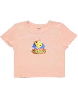 Obey Tops ,Roze ,Katoen Eend Cropped Tee Met Ruffled Sleeves