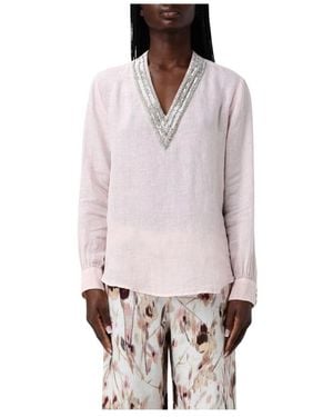 120% Lino Geborduurde V-Hals Linnen Top - Roze