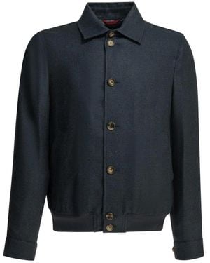 Brunello Cucinelli Jassen ,Blauw ,Bomberjack Met Textuur En Knoopsluiting