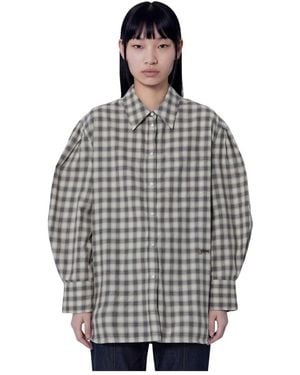 Ganni Licht Geruite Flanellen Blouse Met Plooimouwen - Grijs