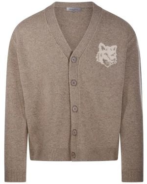 Maison Kitsuné Truien & Vesten ,Wol Fox Head Merino Cardigan - Bruin
