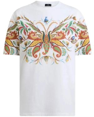 Etro Tops ,Wit ,Katoen Lange Katoenen T-Shirt Met Geplaatste Paisley-Bladerprint