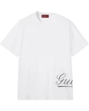 Gucci Tops ,Wit ,Katoen Katoenen Jersey T-Shirt Met Print