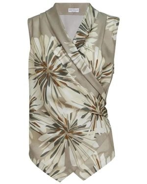 Brunello Cucinelli Tops ,Veelkleurig ,Mouwloze Top Met Gedrapeerde Bloemprint - Grijs