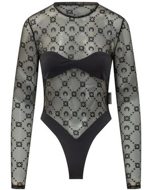Marine Serre Tops ,Zwart ,Moonogram Mesh Flock Bodysuit Top - Grijs