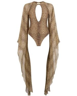 Roberto Cavalli Badmode ,Bruin ,Baby Jaguar Print One-Piece Zwempak - Metallic