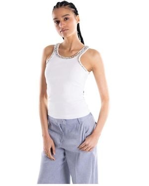 Pinko Tops ,Wit ,Katoen Rib-Gebreid Top Met Sierlijke Versiering - Blauw