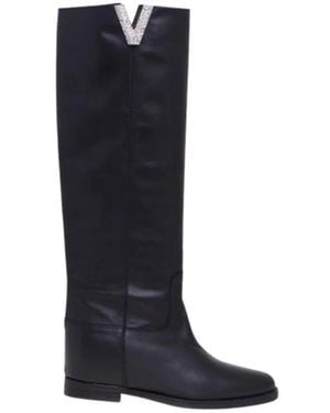 Via Roma 15 Botas Altas De Cuero Negro Con Aplicación V De Cristal, Mujer, Talla - Azul
