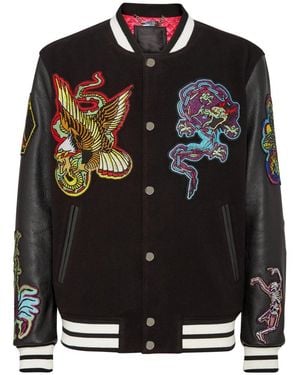 Philipp Plein Jassen ,Zwart ,Wol Leren Bomber Tattoo