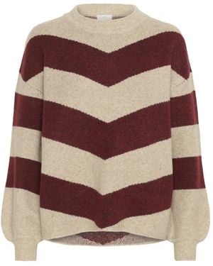 Kaffe Gestreifter Strickpullover Mit Puffärmeln - Braun