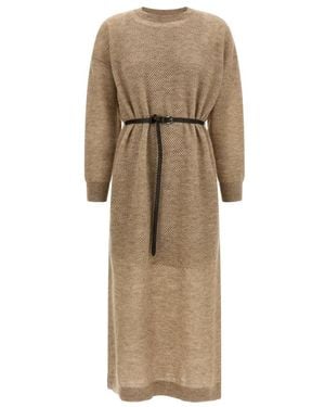Brunello Cucinelli Monile Gebreide Mesh Midi Jurk - Naturel