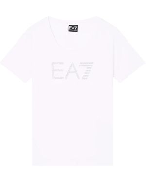 EA7 Tops ,Wit ,Katoen Logo Series T-Shirt Met Ronde Hals En Strasssteentjes